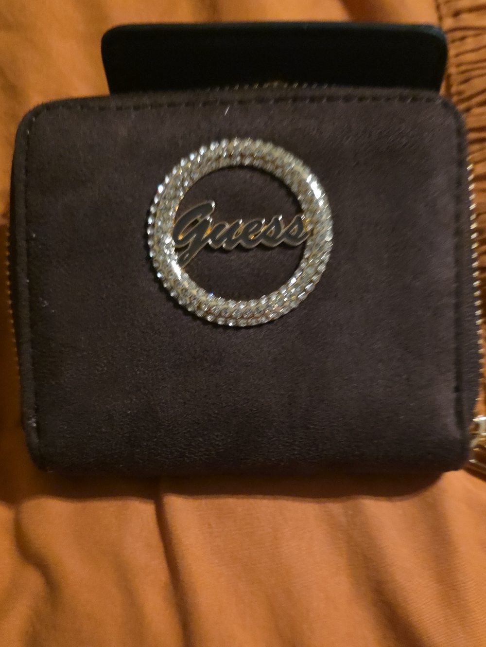 GUESS Black& Brown Suede Wallet with Crystal Logo Emblem